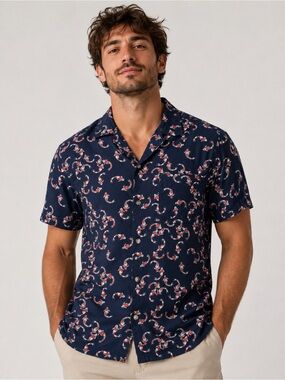 Goodfellow & Co Navy Short-Sleeve Button-Down with Red and White Koi Fish Print